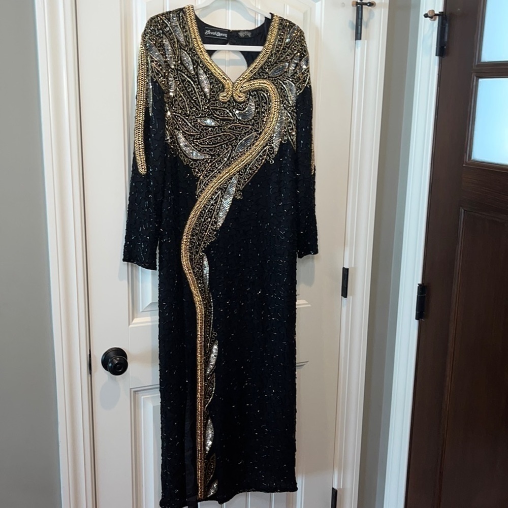 Long sleeve beaded show stopper special event formal vintage long dress sexy M